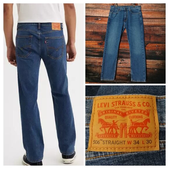 Levis 506 Jeans Mens 34X30 Straight Fit Blue Denim Stretch - Picture 1 of 9